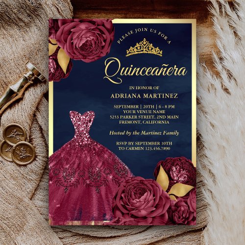 Sparkle Gown Burgundy Floral Navy Gold Quinceanera Invitation