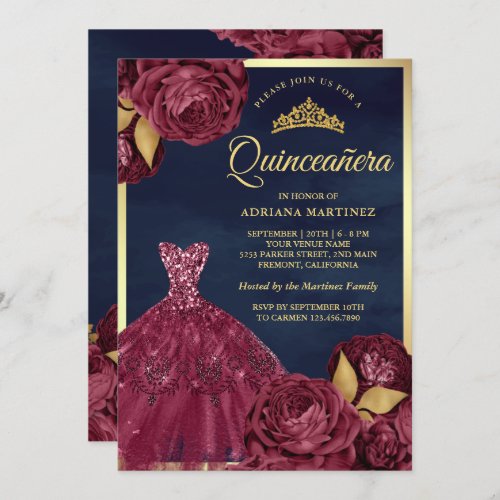 Sparkle Gown Burgundy Floral Navy Gold Quinceanera Invitation