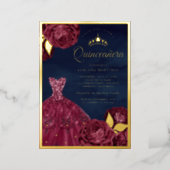 Sparkle Gown Burgundy Floral Navy Quinceanera Gold Foil Invitation (Standing Front)