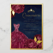 Sparkle Gown Burgundy Floral Navy Quinceanera Gold Foil Invitation (Front)