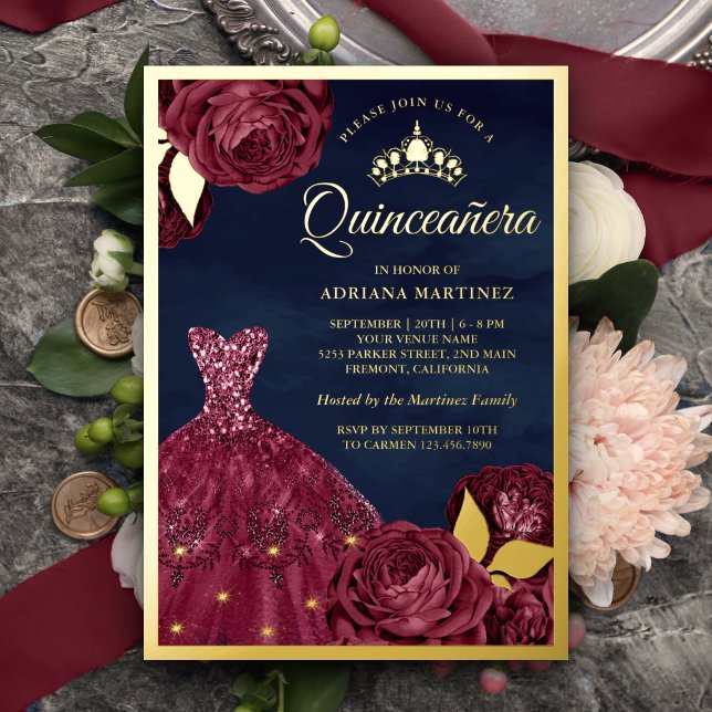 Sparkle Gown Burgundy Floral Navy Quinceanera Gold Foil Invitation