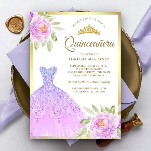 Sparkle Gown Lilac Purple Floral Gold Quinceanera Invitation