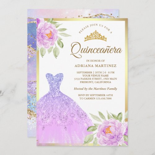 Sparkle Gown Lilac Purple Floral Gold Quinceanera Invitation