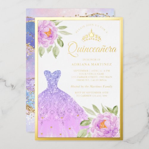 Sparkle Gown Lilac Purple Floral Quinceanera Gold Foil Invitation