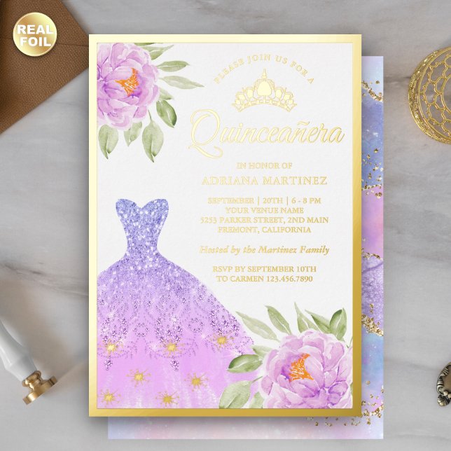 Sparkle Gown Lilac Purple Floral Quinceanera Gold Foil Invitation (Creator Uploaded)