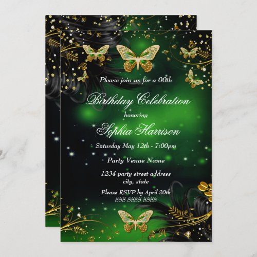 Sparkle Green Gold Butterfly Birthday party Invitation