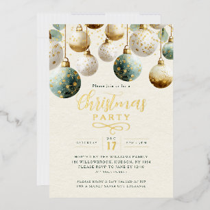 Sparkle Green Golden Baubles Christmas Party Foil Invitation