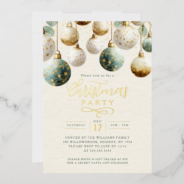 Sparkle Green Golden Baubles Christmas Party  Foil Invitation (Envelope)
