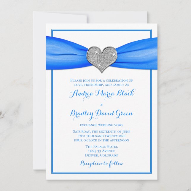 Sparkle Heart with Aqua  Blue Ribbon Invitation (Front)
