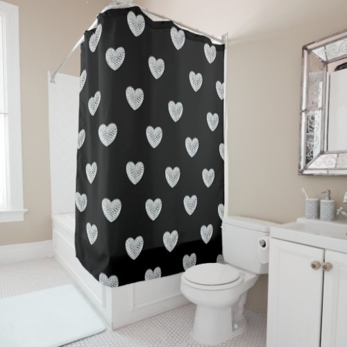 Sparkle hearts black bg shower curtain