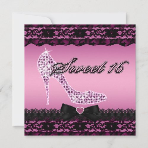 Sparkle Heels and Black Lace Pink Sweet 16 Invitation
