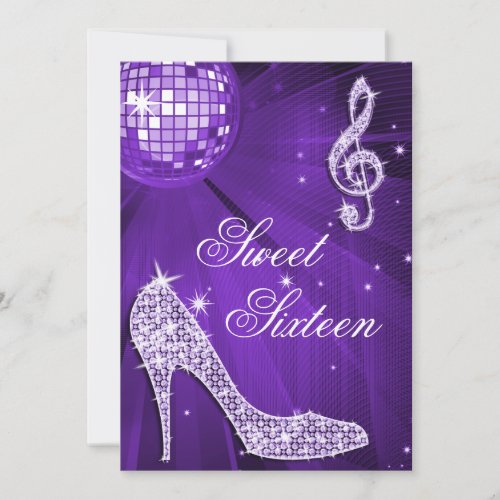 Sparkle Heels and Purple Disco Ball Sweet 16 Invitation