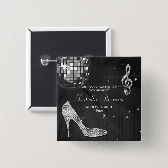 Sparkle Heels Black Disco Ball Birthday Thank You Button (Front & Back)