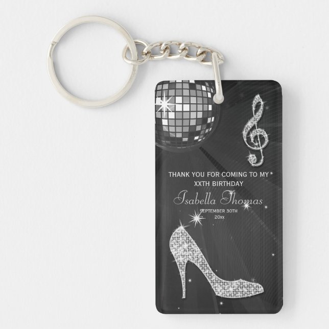 Sparkle Heels Black Disco Ball Birthday Thank You Keychain (Front)