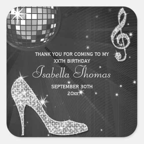 Sparkle Heels Black Disco Ball Birthday Thank You Square Sticker