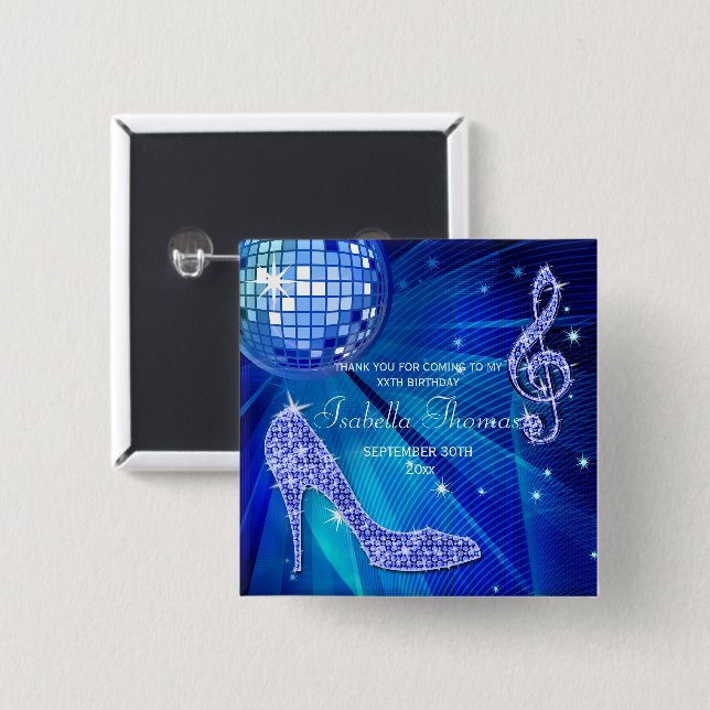 Sparkle Heels Blue Disco Ball Birthday Thank You Button (Front & Back)