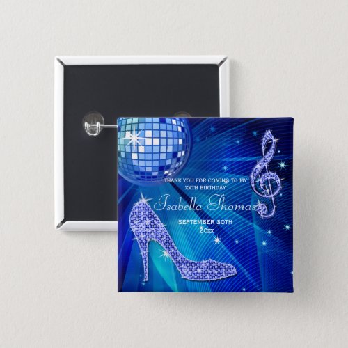 Sparkle Heels Blue Disco Ball Birthday Thank You Button