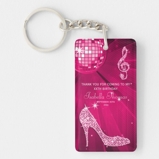 Sparkle Heels Pink Disco Ball Birthday Thank You Keychain (Front)