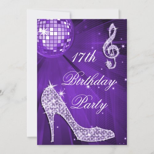 Sparkle Heels Purple Disco Ball 17th Birthday Invitation
