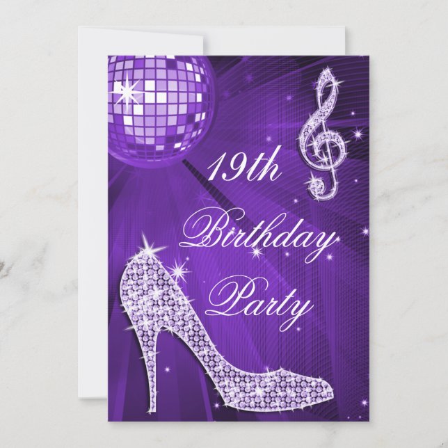Sparkle Heels Purple Disco Ball 19th Birthday Invitation (Front)