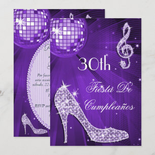 Sparkle Heels Purple Disco Ball 30th Birthday Invitation