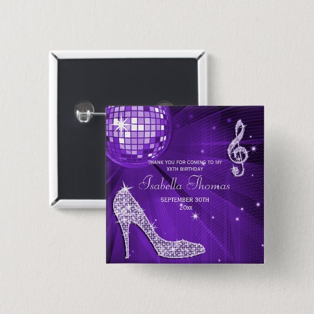 Sparkle Heels Purple Disco Ball Birthday Thank You Pinback Button (Front & Back)