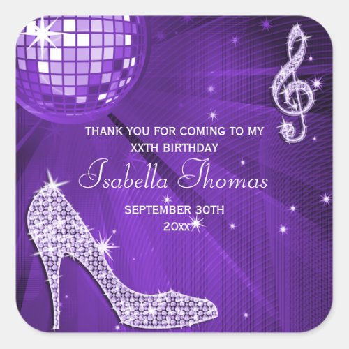 Sparkle Heels Purple Disco Ball Birthday Thank You Square Sticker