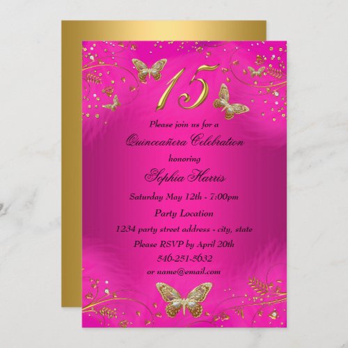 Sparkle Hot Pink  Gold Butterfly Quinceanera Invitation