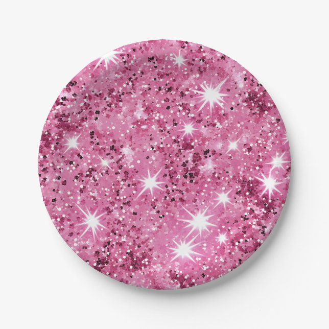 Sparkle Hot Pink Stars Glitter Paper Plates (Front)