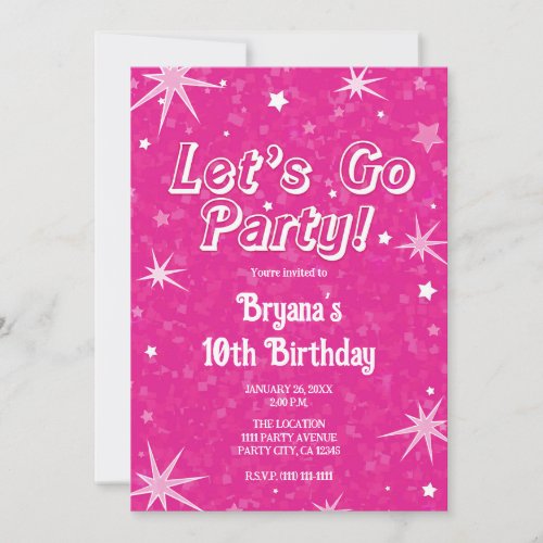 Sparkle Hot Pink Stars Lets Go Party Birthday  Invitation