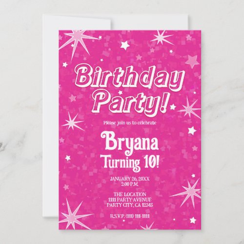 Sparkle Hot Pink  White Stars Birthday Party Invitation