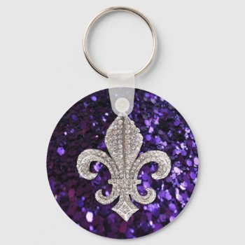 Sparkle Jewel Fleur De Lis Purple Keychain by Lorriscustomart at Zazzle