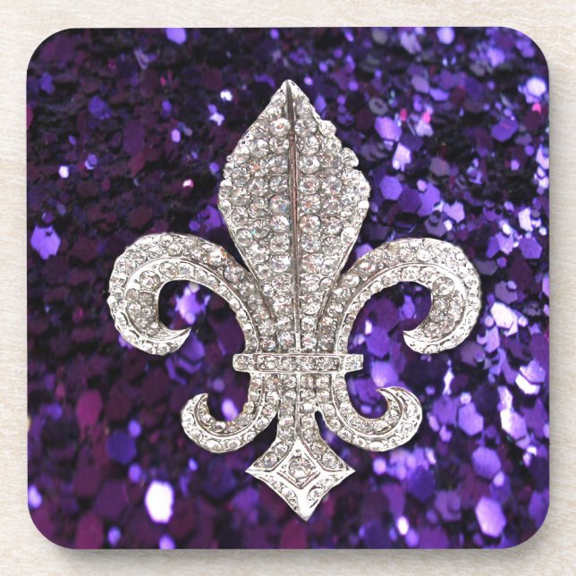 Sparkle jewel Fleur De Lis Sequins Purple Beverage Coaster (Front)