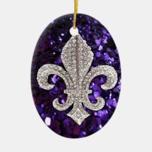 Sparkle jewel Fleur De Lis Sequins Purple Ceramic Ornament