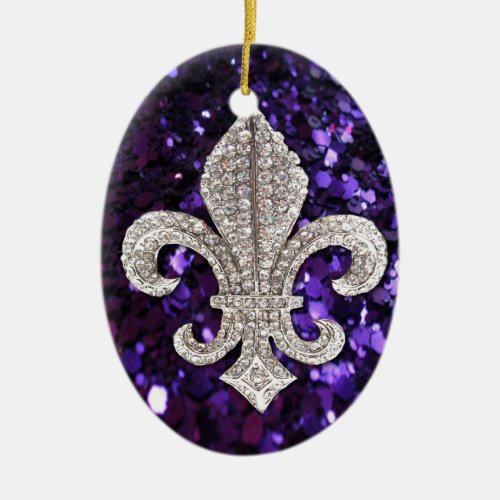 Sparkle jewel Fleur De Lis Sequins Purple Ceramic Ornament