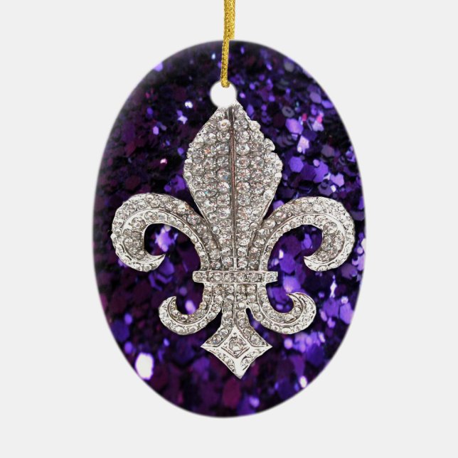 Sparkle jewel Fleur De Lis Sequins Purple Ceramic Ornament (Front)