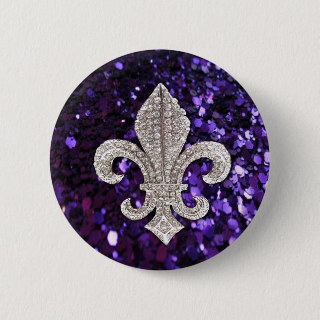 Sparkle jewel Fleur De Lis Sequins Purple Pinback Button (Front)