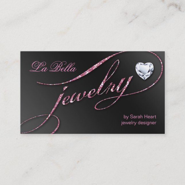 Sparkle Jewelry Business Card Black Pink Heart 2 (Front)