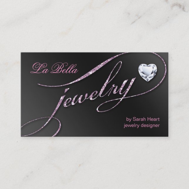 Sparkle Jewelry Business Card Black Pink Heart 3 (Front)
