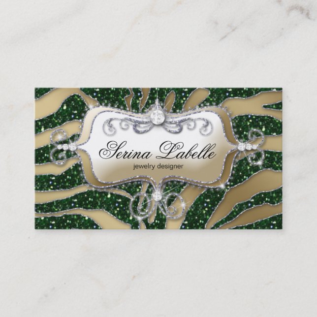 Sparkle Jewelry Business Card Zebra Gold Green (Front)