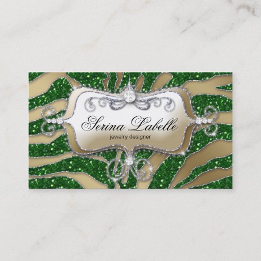Customizable Sparkle Jewelry Business Card Zebra Gold Green 2
