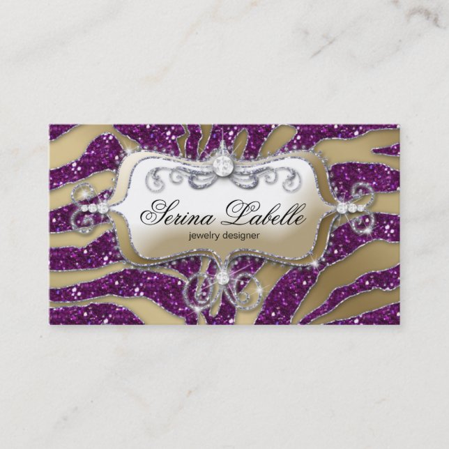 Sparkle Jewelry Business Card Zebra Gold Purple (Front)