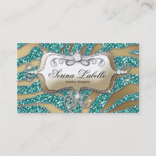 Customizable Sparkle Jewelry Business Card Zebra Gold Teal