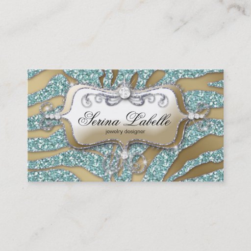 Customizable Sparkle Jewelry Business Card Zebra Gold Teal 2