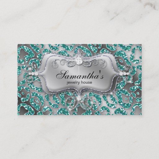 Customizable Sparkle Jewelry Business Card Zebra Teal 2 Silver