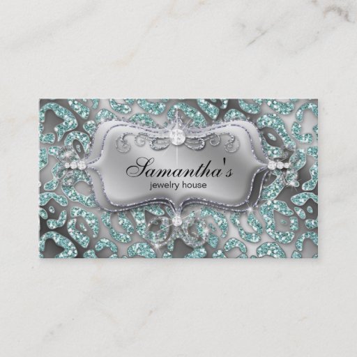 Customizable Sparkle Jewelry Business Card Zebra Teal Silver
