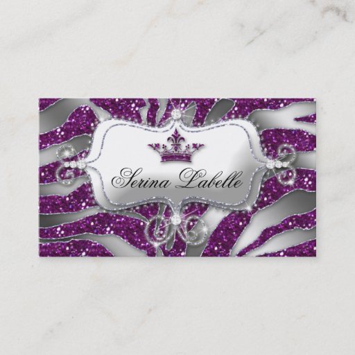 Customizable Sparkle Jewelry Business Card Zebra Crown Purple