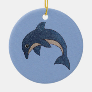 Sparkle Jumping Dolphin Dark Blue White Swirl Eye Ceramic Ornament
