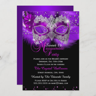 Sparkle Lace Mask Purple Masquerade Sweet 16 Invitation