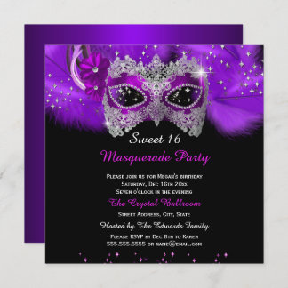 Sparkle Lace Mask Purple Masquerade Sweet 16 Invitation